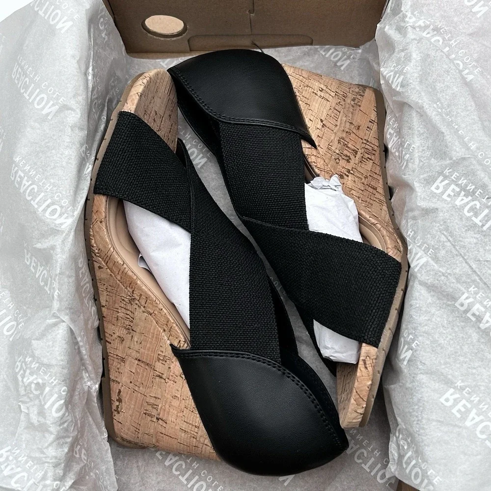 Kenneth Cole Gelena Women's Stretch Cork Wedge‎ Sandal Size 9 Black-Tan Open Toe